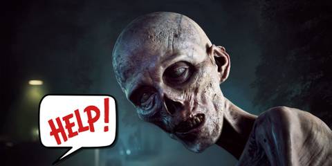 A zombie from No More Room In Hell 2 with a speech bubble that says Help!