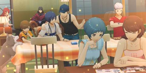 Screenshot from Persona 3 Reload featuring every party member from SEES, with the exclusion of Aigis. From left to right: Mitsuru, Koromaru, Ken, Shinji, Makoto Protagonist, Junpei, Fuuka, Akihiko, Yukari