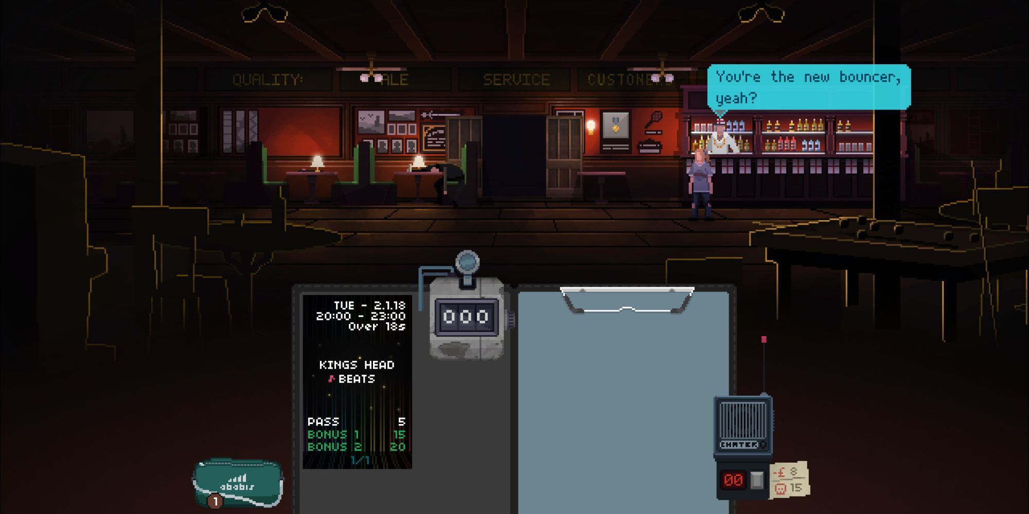 A player talking to an NPC about being the new bouncer in Not Tonight