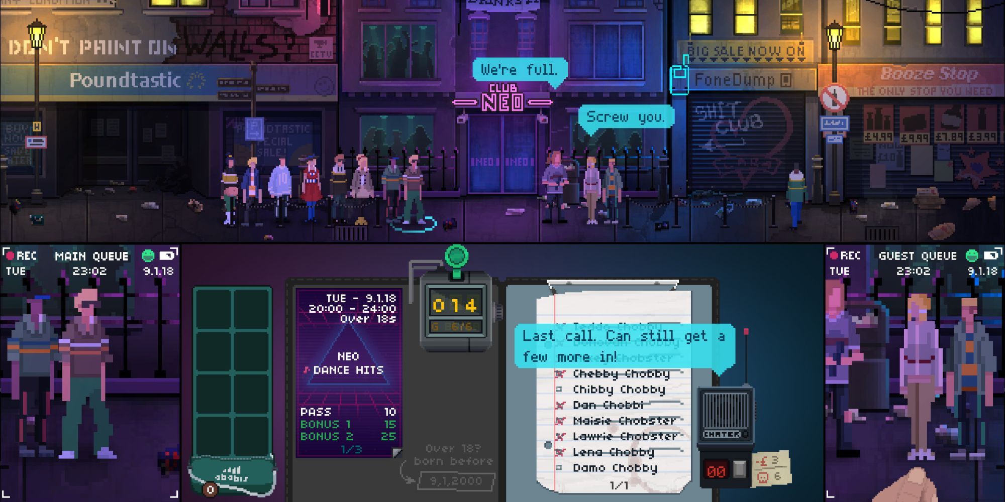 Telling an NPC that the club is full in Not Tonight