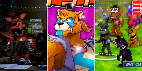 A grid showing the spin-off Five Nights at Freddy's games Ultimate Custom Night, Security Breach: Fury's Rage, and FNaF World 