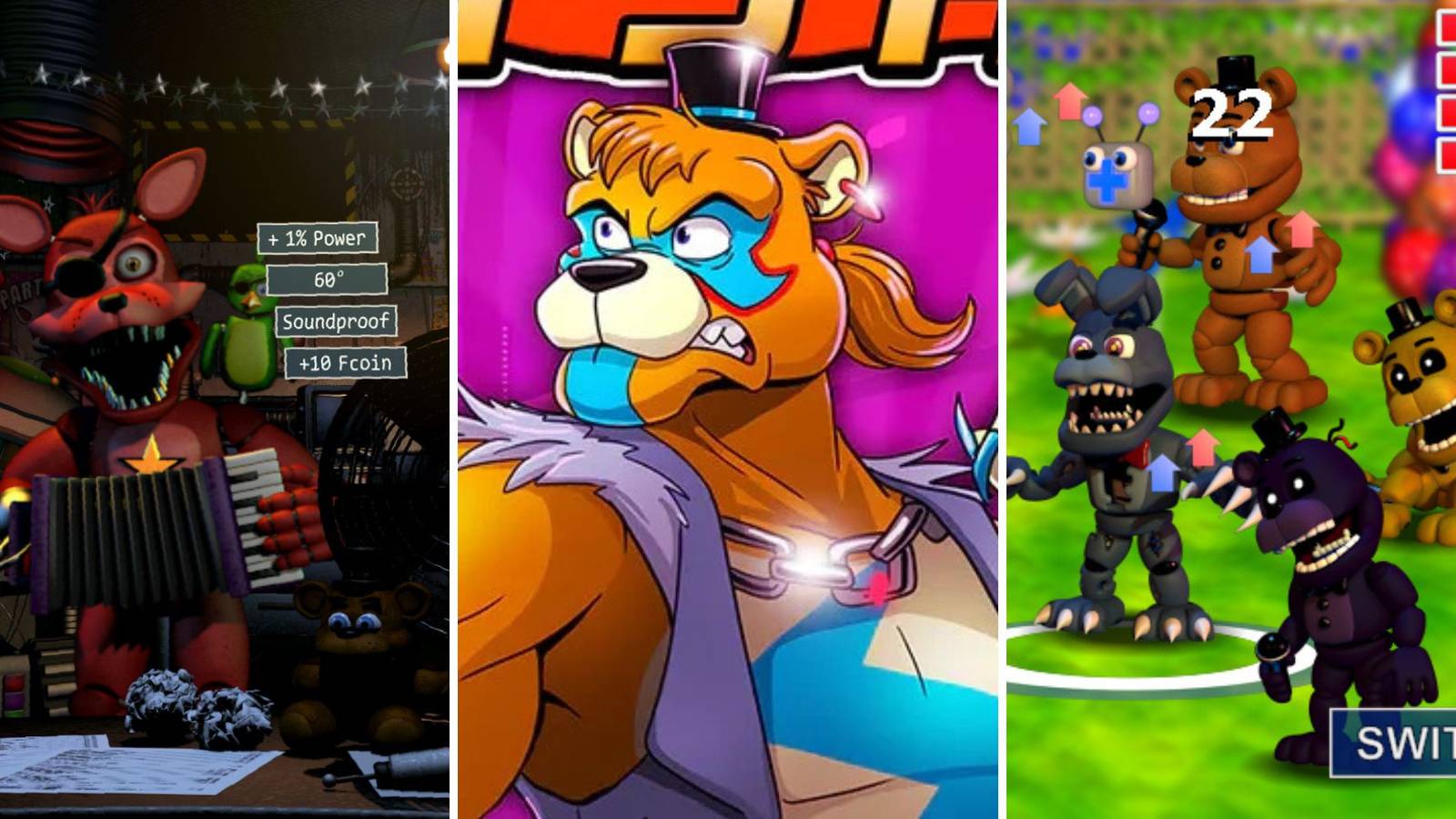 A grid showing the spin-off Five Nights at Freddy's games Ultimate Custom Night, Security Breach: Fury's Rage, and FNaF World 