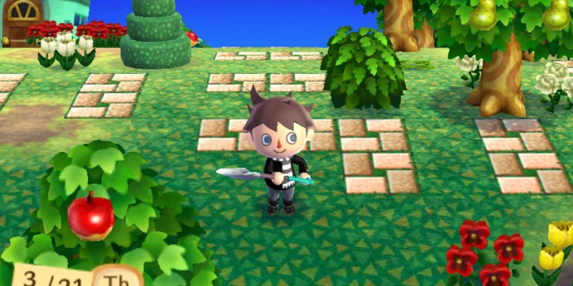 A player with a shovel in Animal Crossing: New Leaf