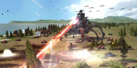 A giant spider-like robot attacking with a lazer in Supreme Commander
