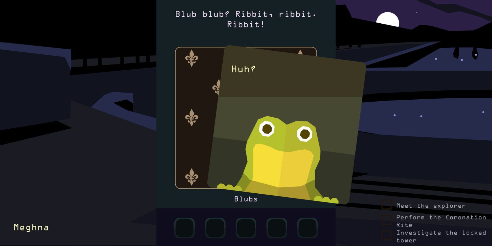 The player talking to a frog in Reigns: Her Majesty