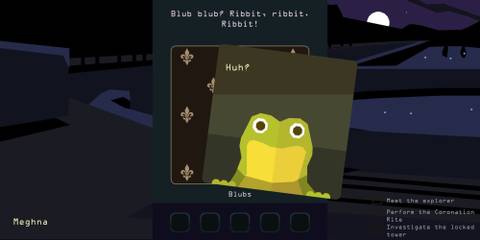 The player talking to a frog in Reigns: Her Majesty