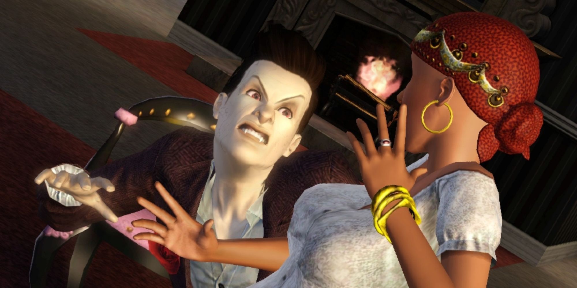 A vampire scaring a sim in The Sims 3: Supernatural