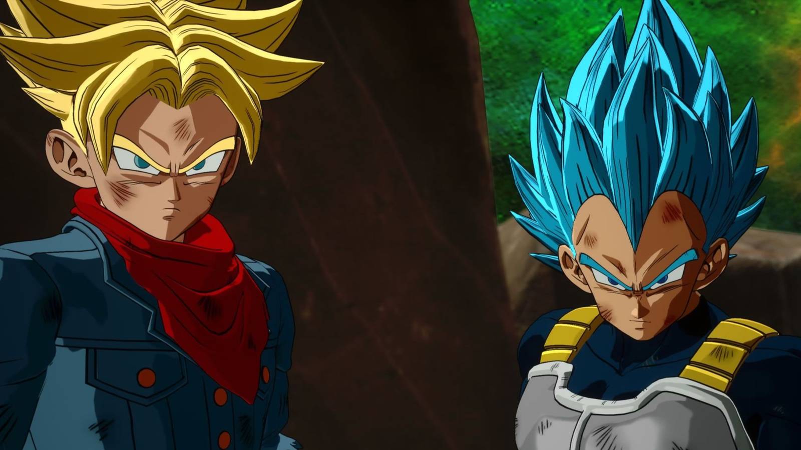 Screenshot from the Inherited Pride Sparking Episode What If Scenario, which depicts Future Trunks fighting alongside Vegeta Blue during the Tournament of Power