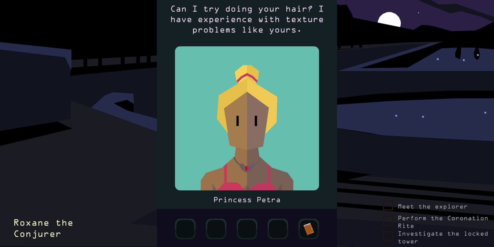 Princess Petra asking if they can do something with the player's hair in Reigns: Her Majesty
