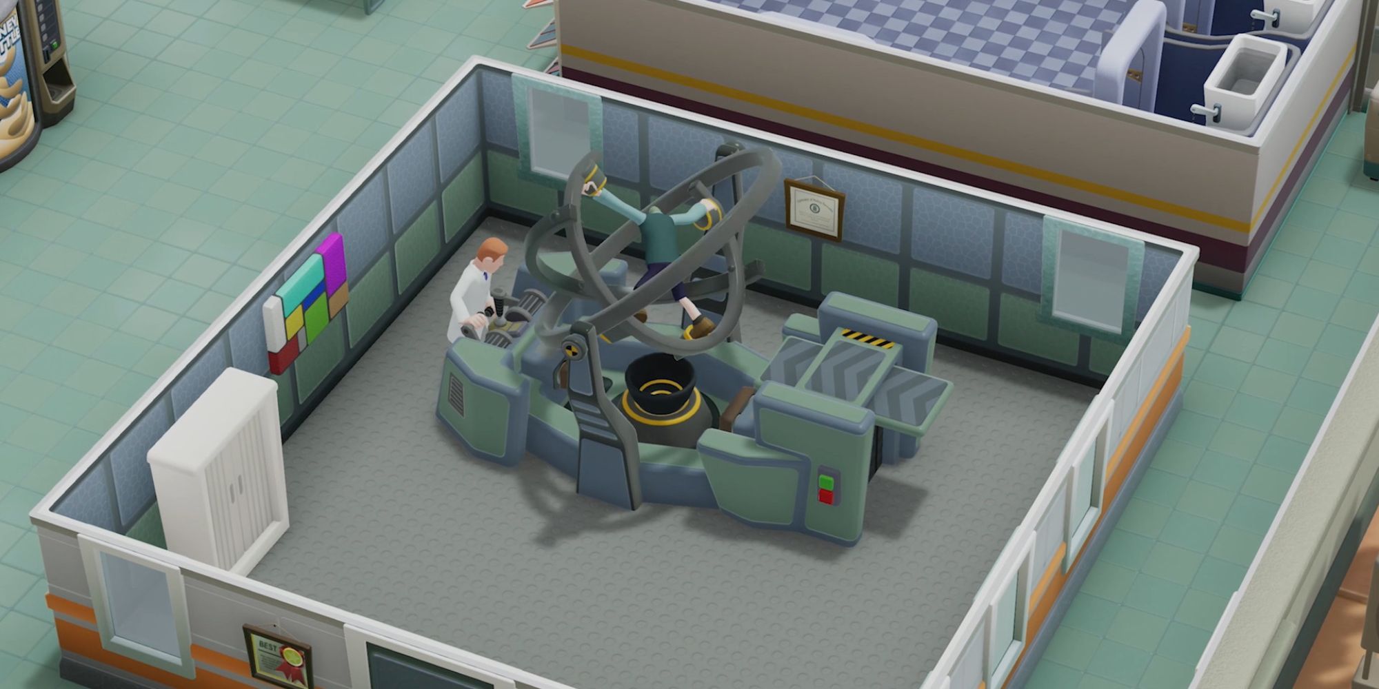 A doctor working a machine in Two Point Hospital