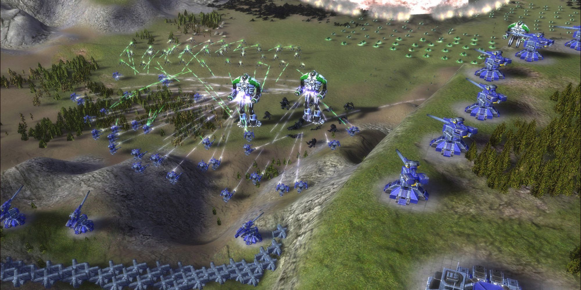 Green robots being shot at by blue soldiers in Supreme Commander