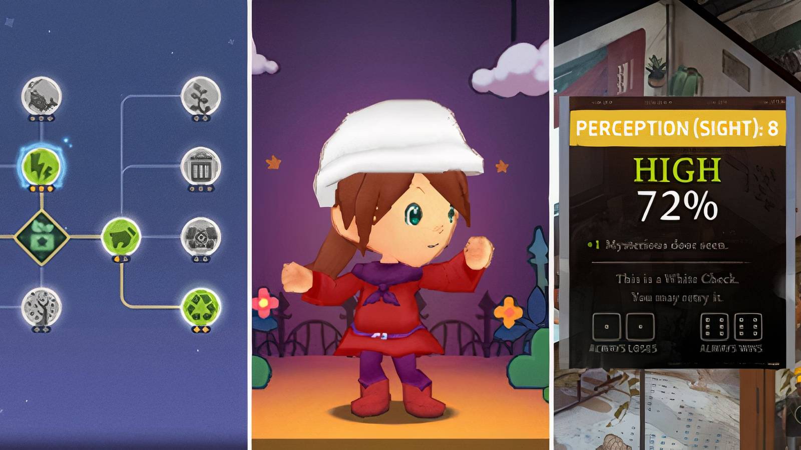 A grid showing the RPGs My Time at Sandrock, Fantasy Life, and Disco Elysium