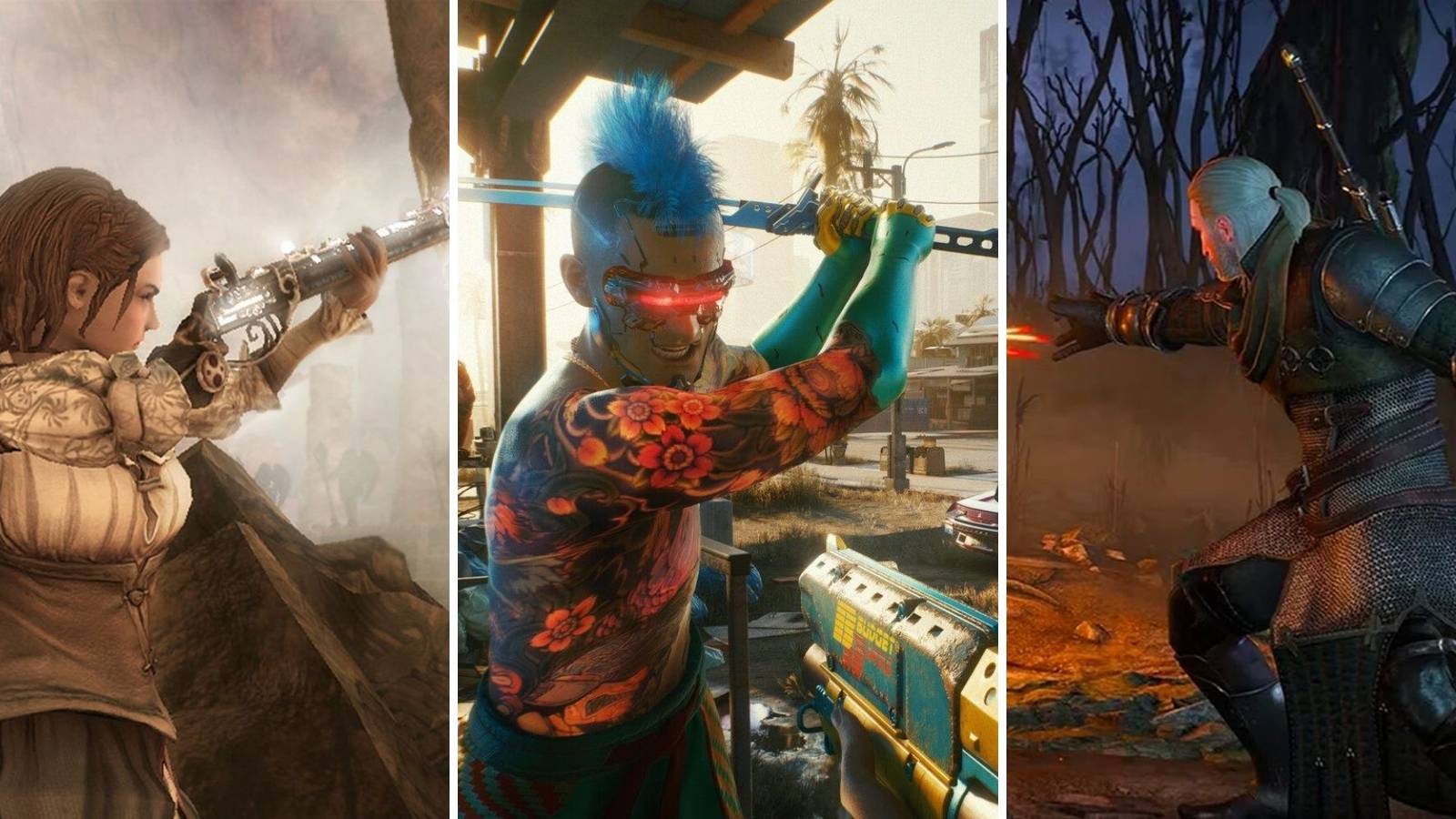 A grid showing the ARPGs Fable 3, Cyberpunk 2077, and The Witcher 3: Wild Hunt