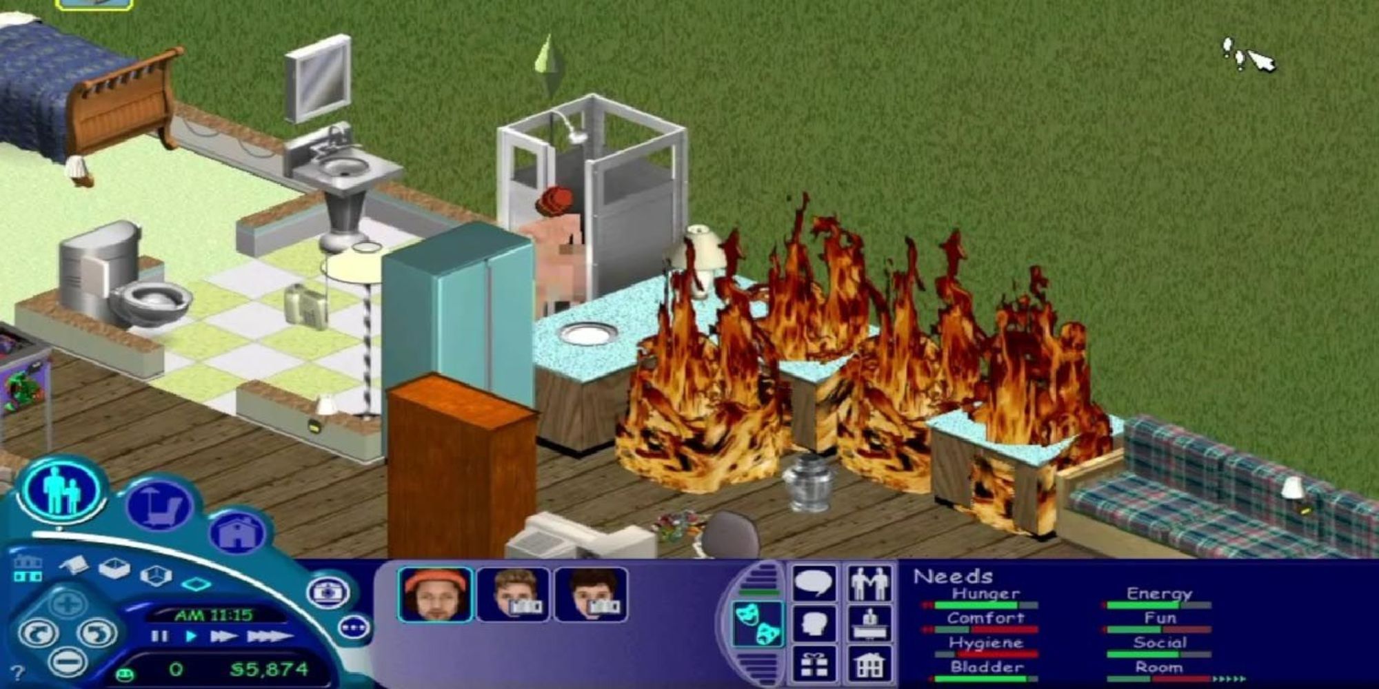 A sim taking a shower while a fire happens in The Sims