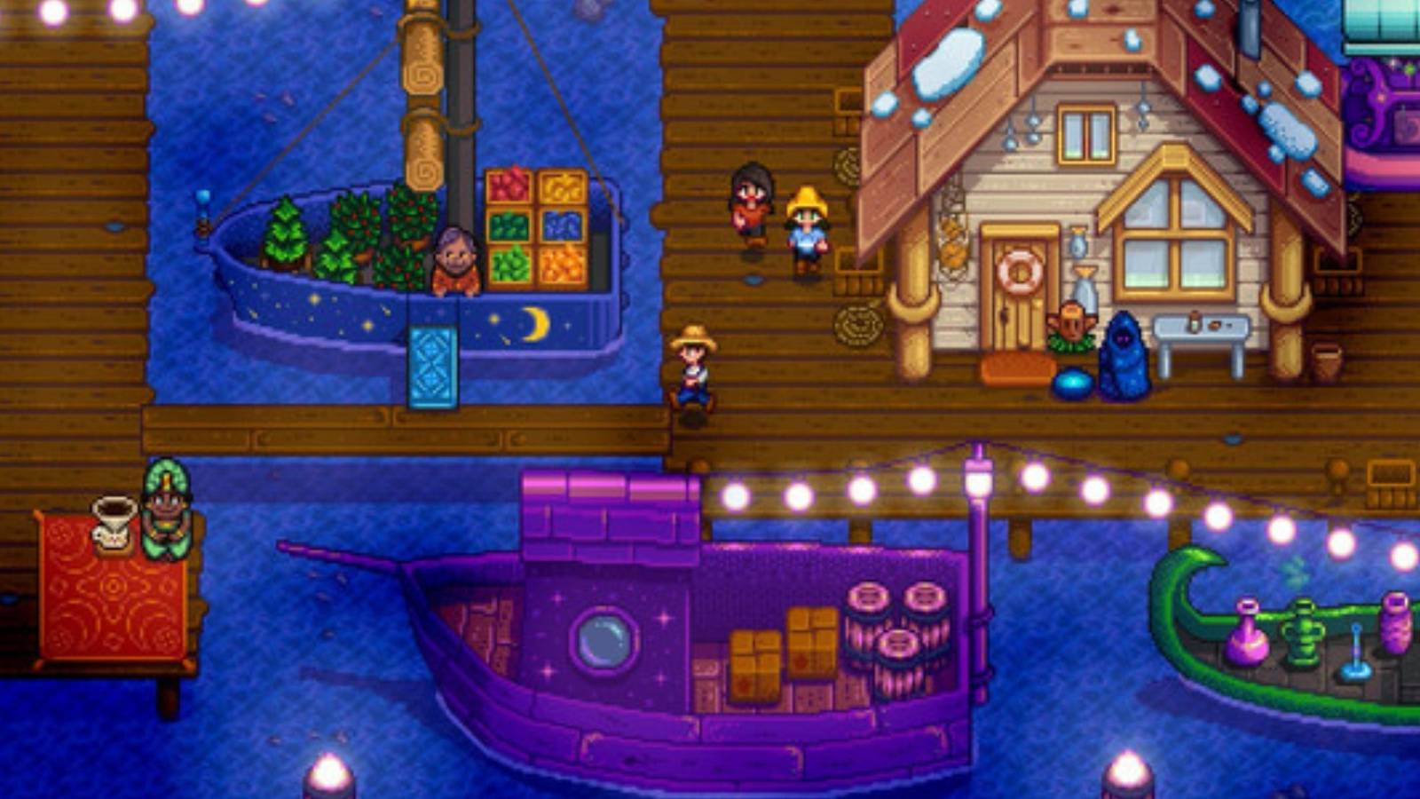 the docks in stardew valley with boats and fairylights 