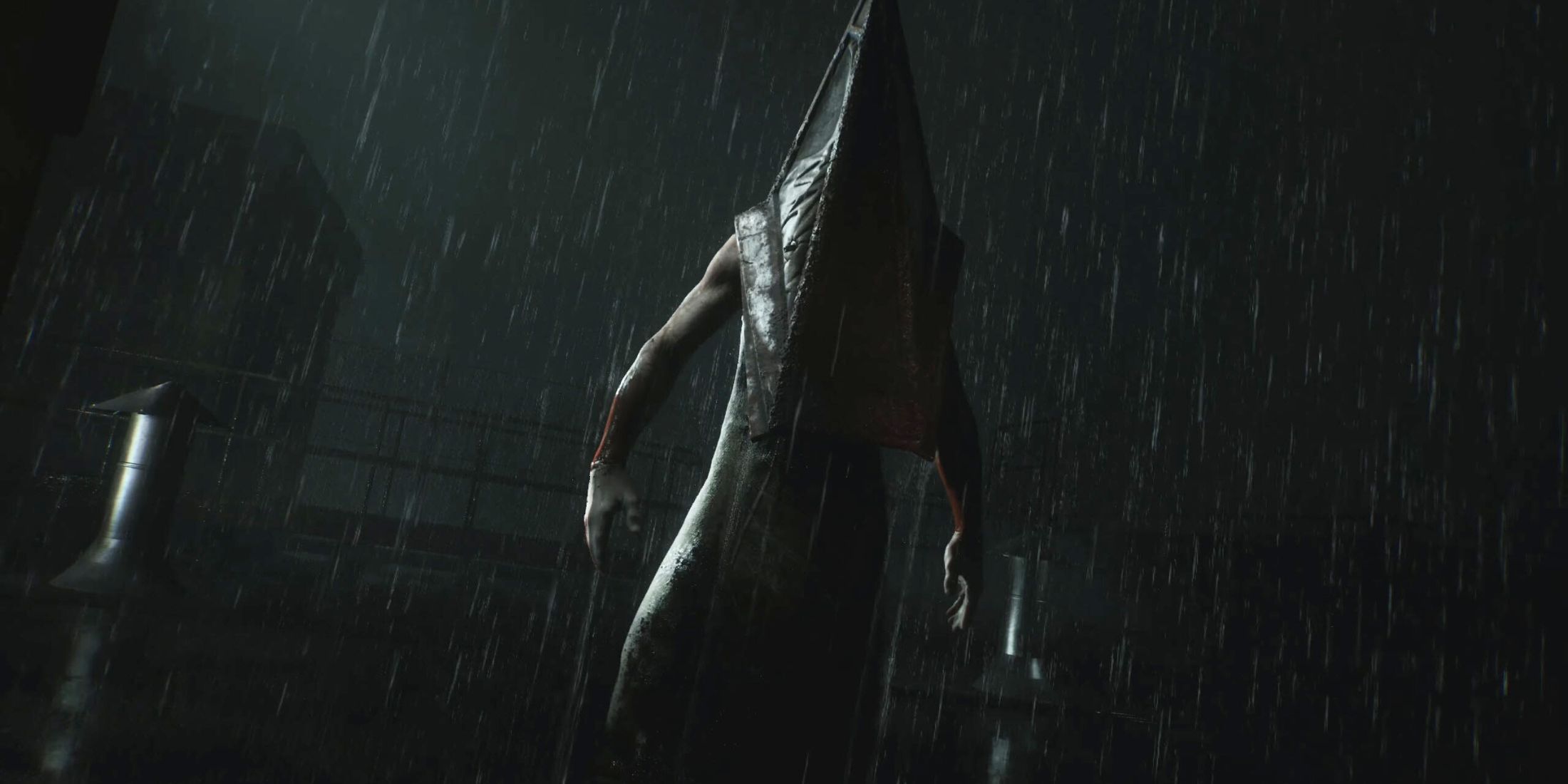 Pyramid Head standing in the rain in Silent Hill 2 Remake