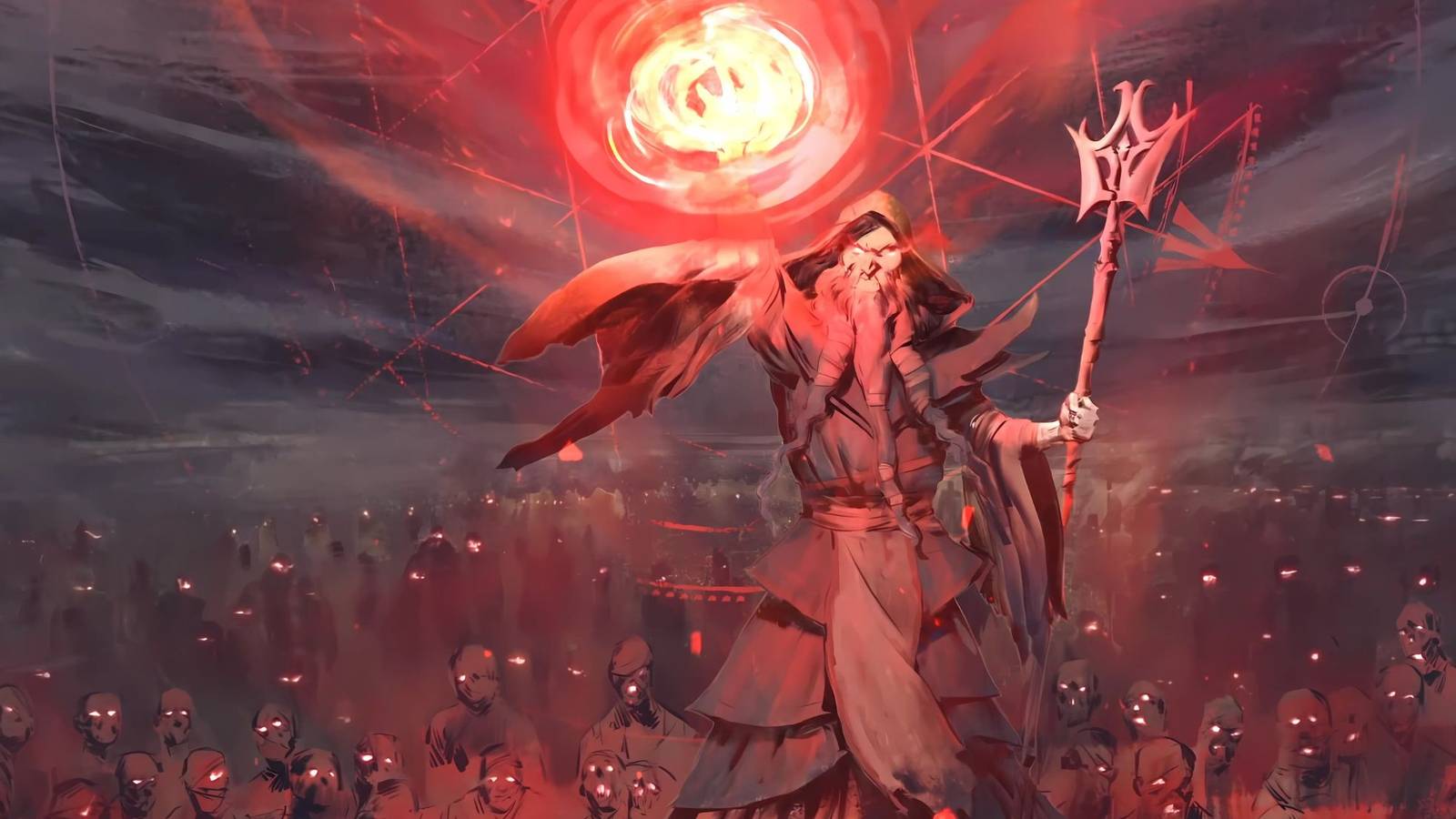 A sorcerer casting a red spell in New World: Aeternum