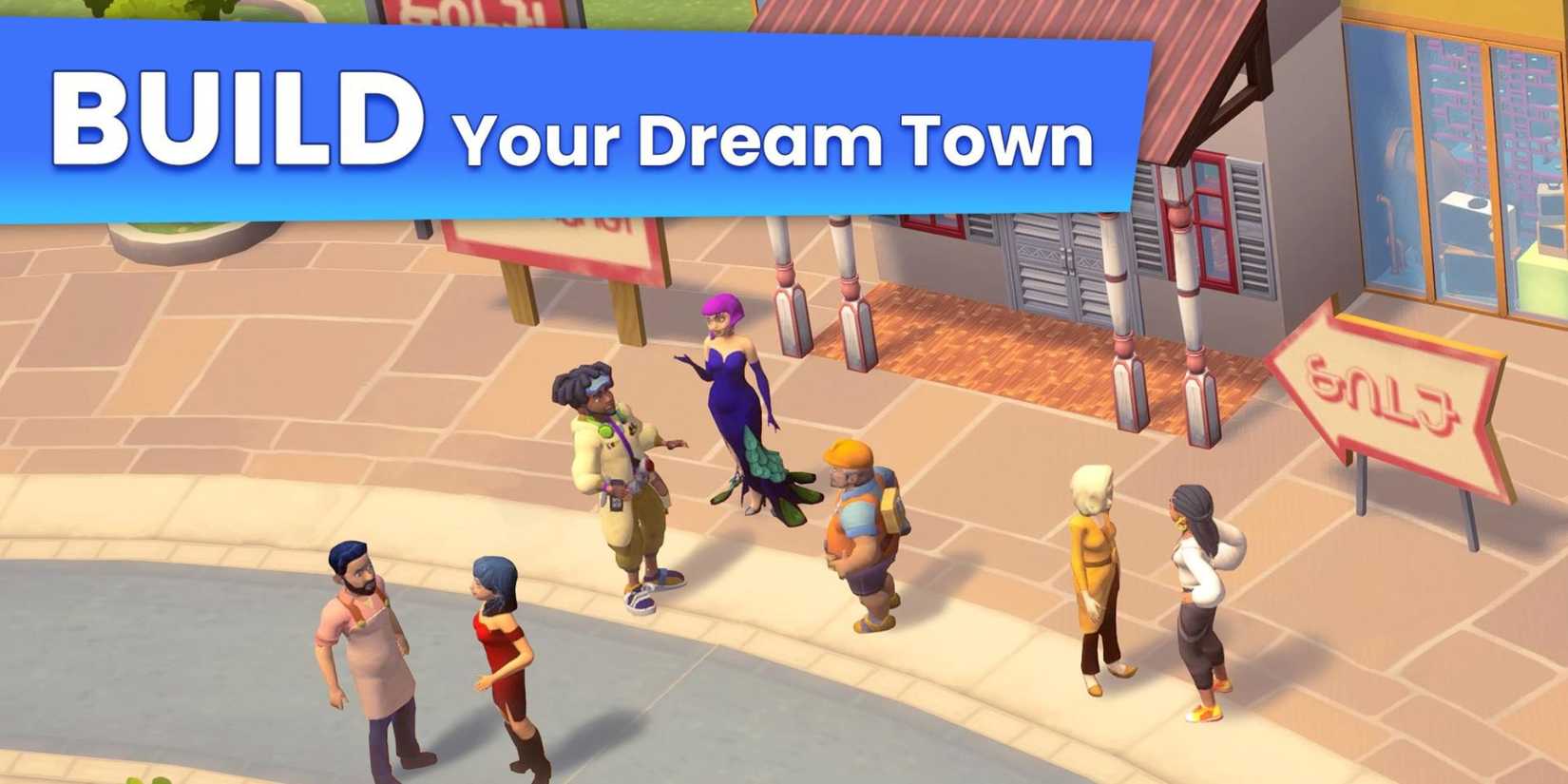 Characters from The Sims Labs: Town Stories talking in the street.