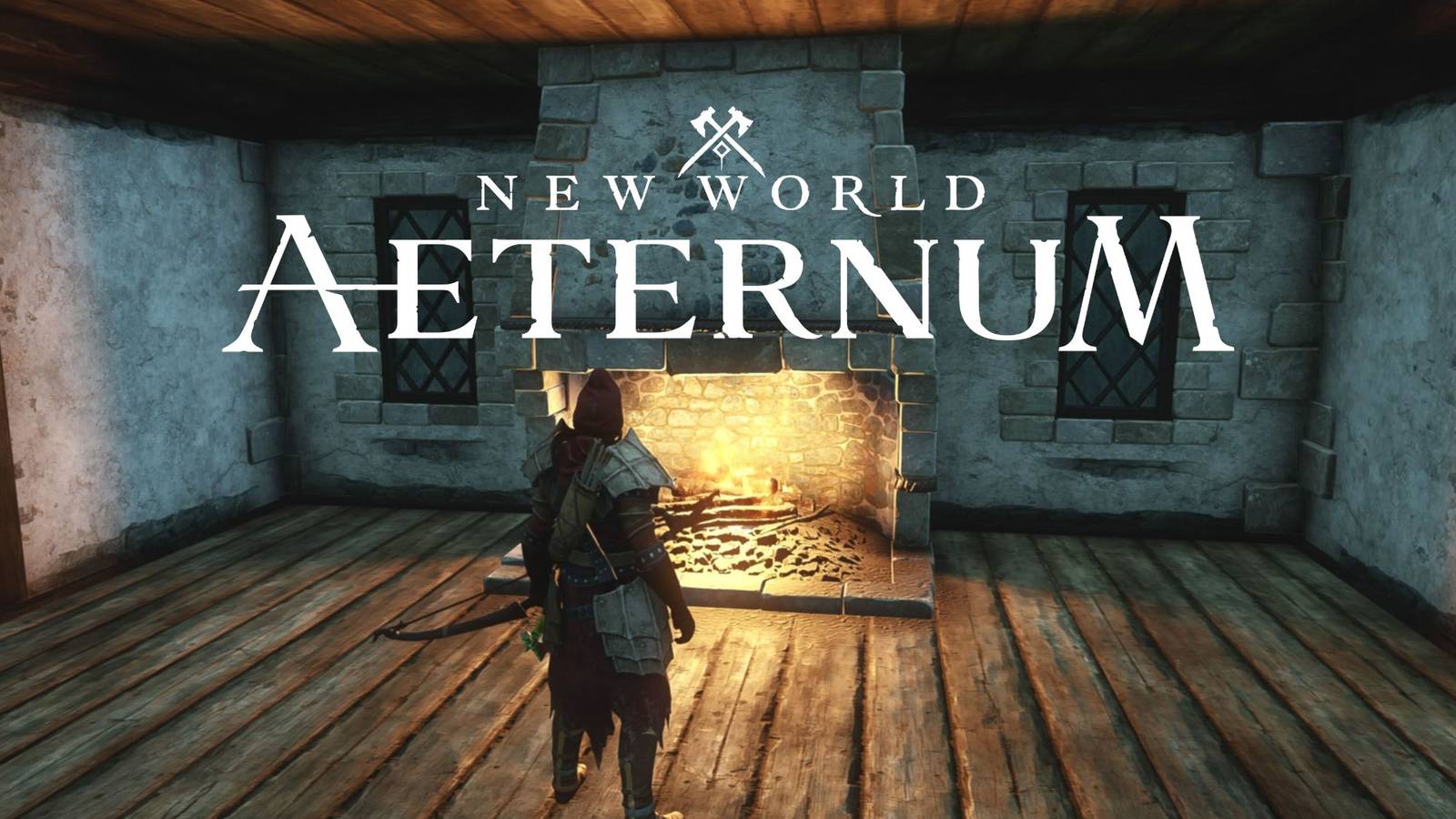 A player standing in an empty house by a fireplace in New World: Aeternum