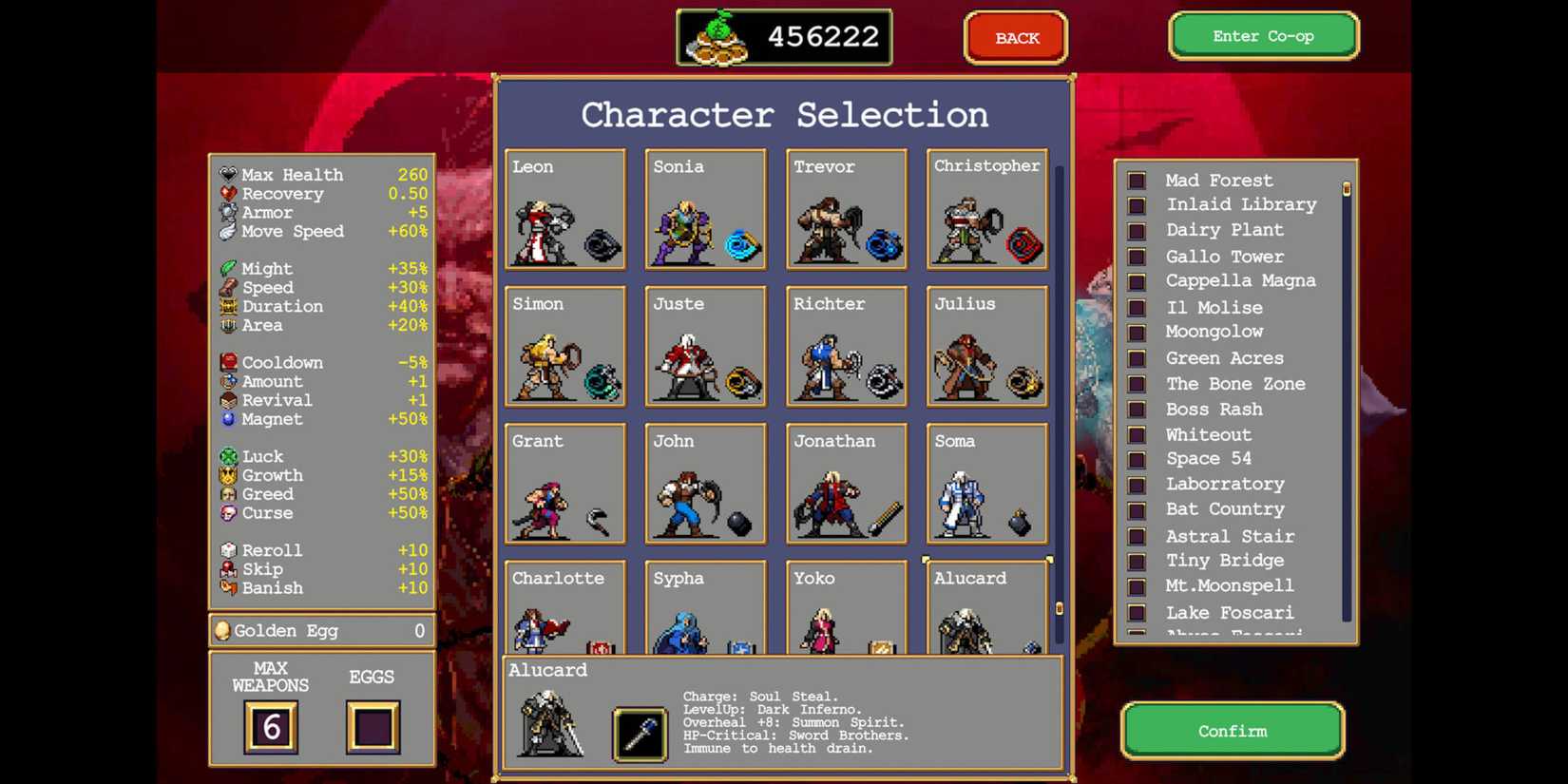 Vampire Survivors Ode to Castlevania characters unlock: the main Castlevania characters in a list.