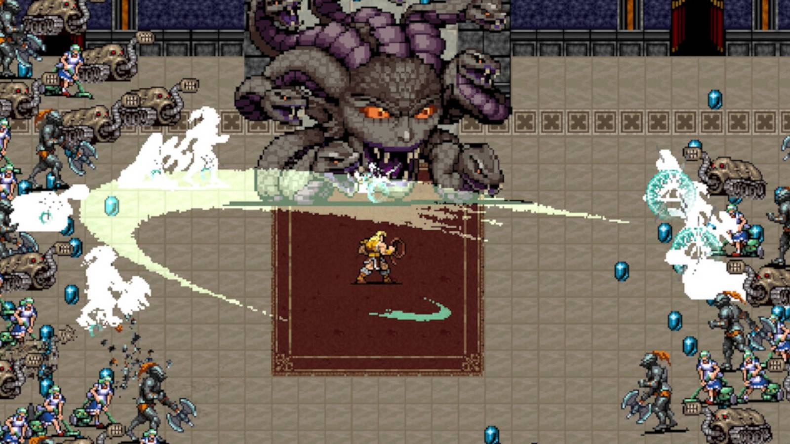 Vampire Survivors Ode to Castlevania characters unlock: Simon Belmont is tying to fight against a Medusa Head as enemies approach from the sides.