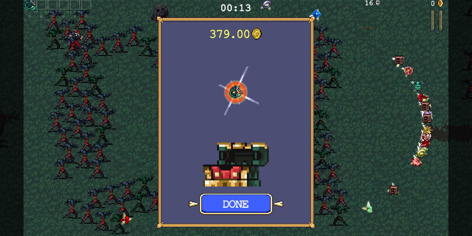 Vampire Survivors Ode to Castlevania Weapon Evolutions: a vampire hunter has opened a chest and found a green whip and 379 gold coins. Zombies surround him.