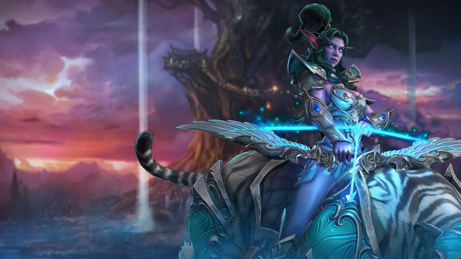 tyrande whisperwind in front of teldrassil from warcraft wow