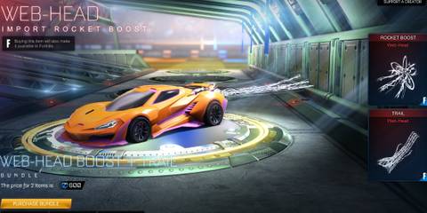 Screenshot showcasing the Web Head Boost + Trail Bundle in Rocket League 