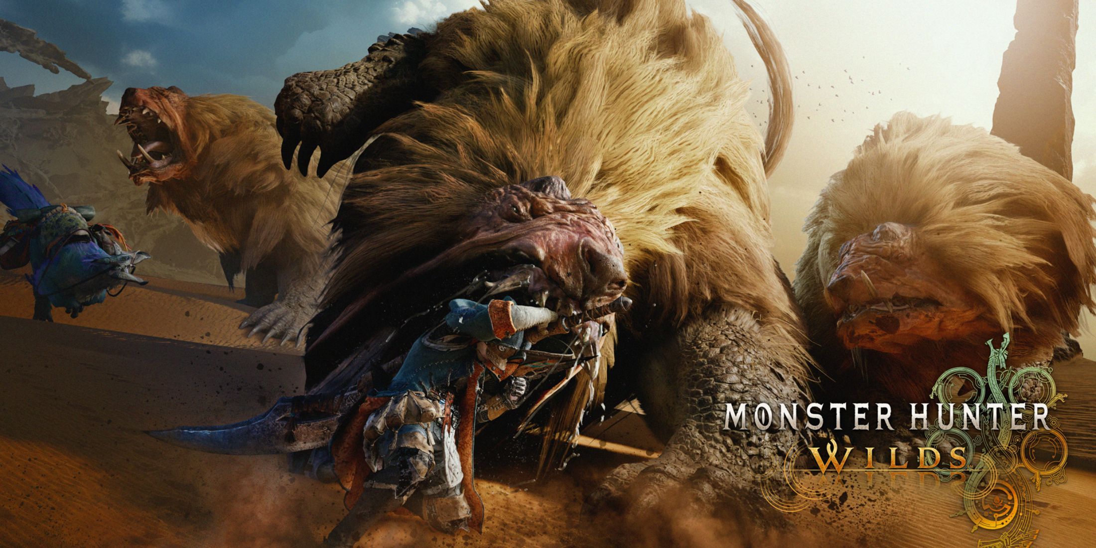 Promotional screenshot from Monster Hunter Wilds featuring the Dogashuma hunt, which will be playable in the upcoming open beta