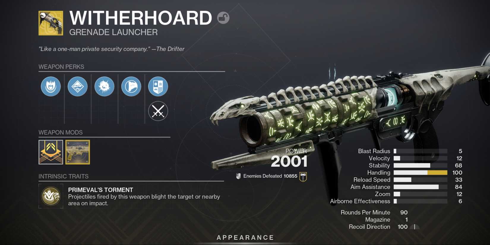 Witherhoard, a kinetic exotic grenade launcher from Destiny 2