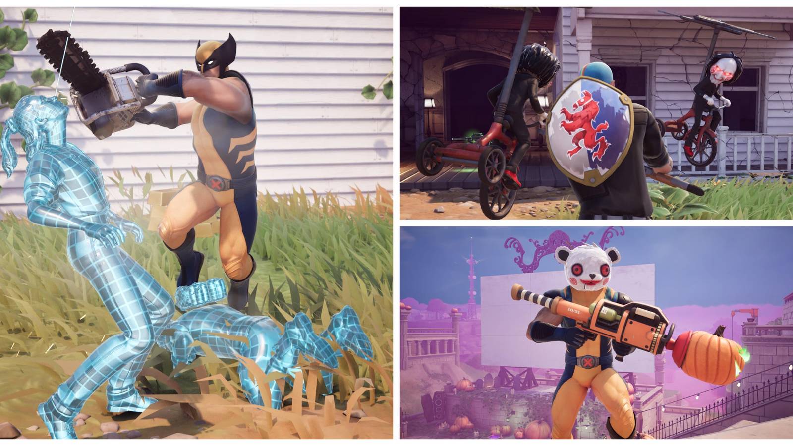 wolverine using a chainsaw, throwing boom billies, and using the pumpkin launcher