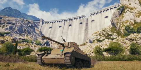 World of Tanks tank in front of a dam