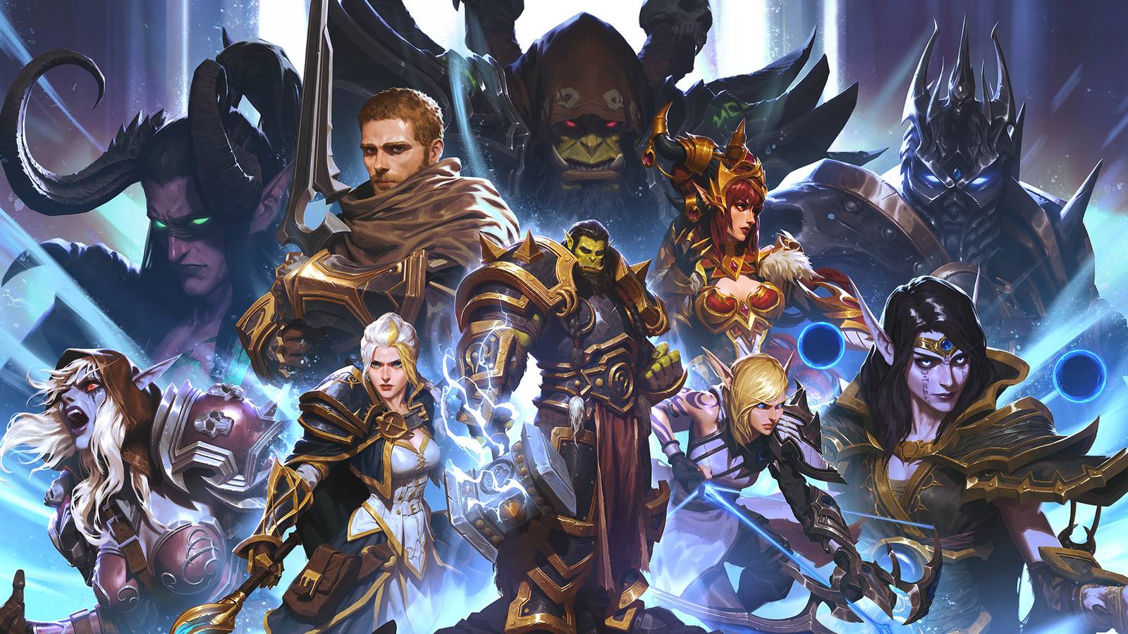 key art for wow's 20th anniversary event featuring lots of characters thrall jaina anduin