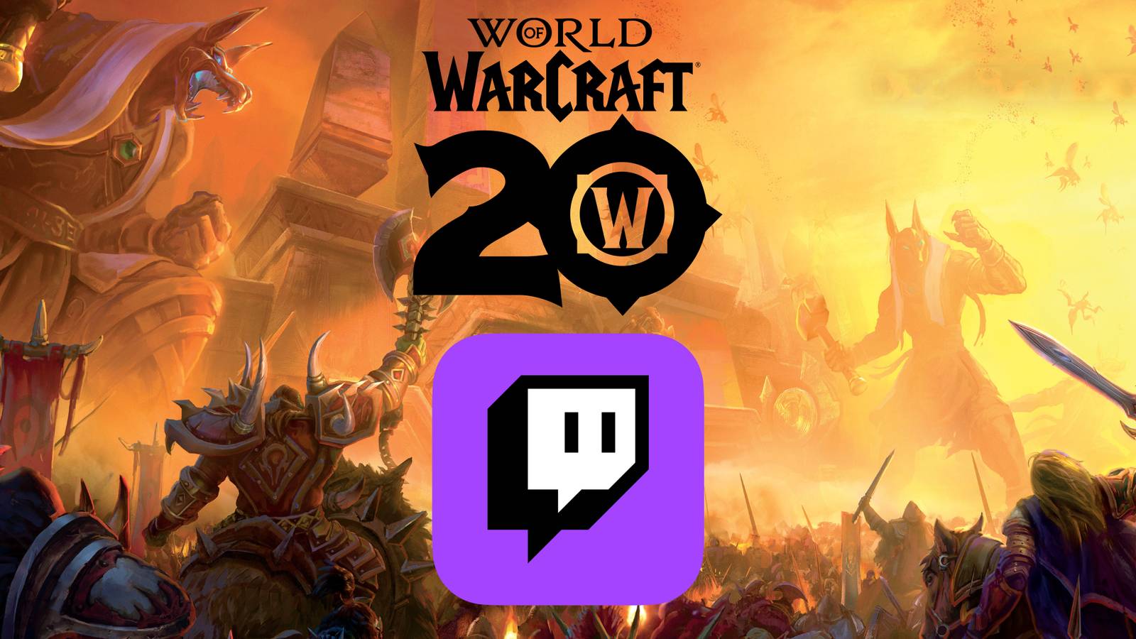 the scarab gate from wow with the 20th anniversary and twitch logos