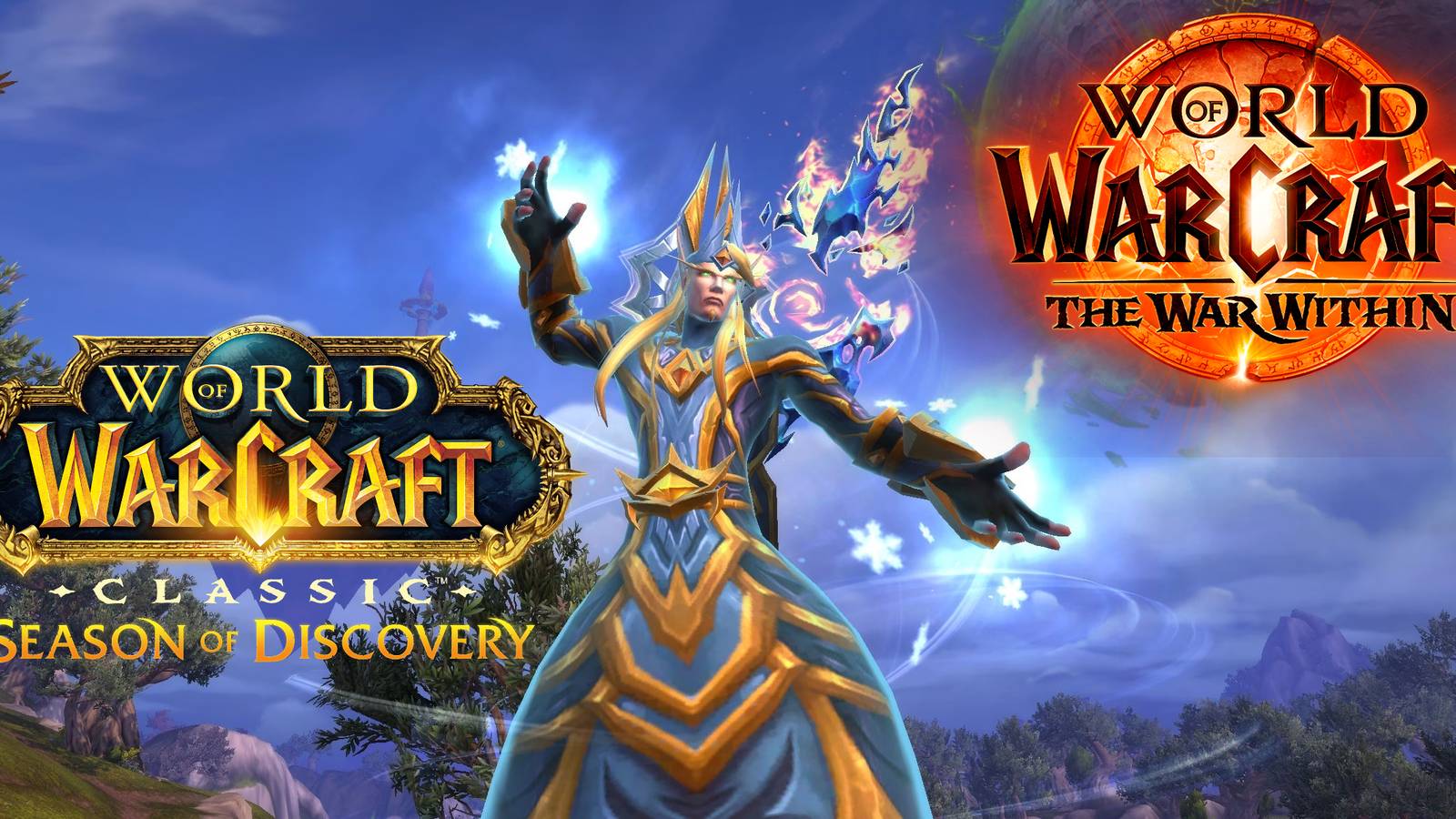 a blood elf mage with the wow the war within and the wow classic sod logos