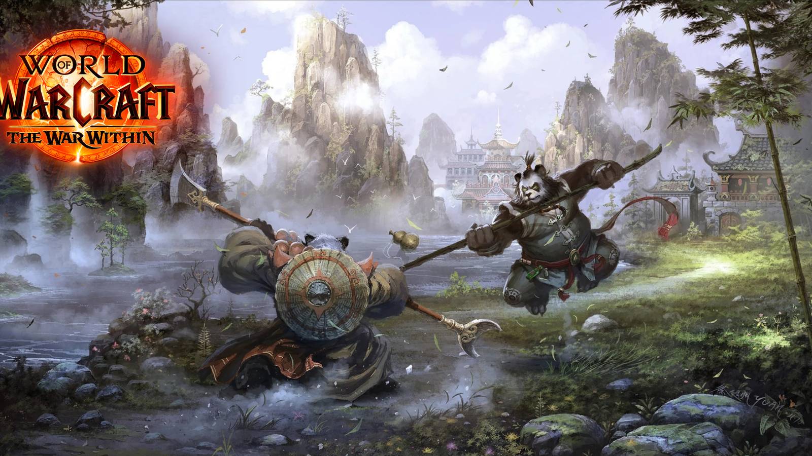 two pandaren monks from wow mists of pandaria dueling