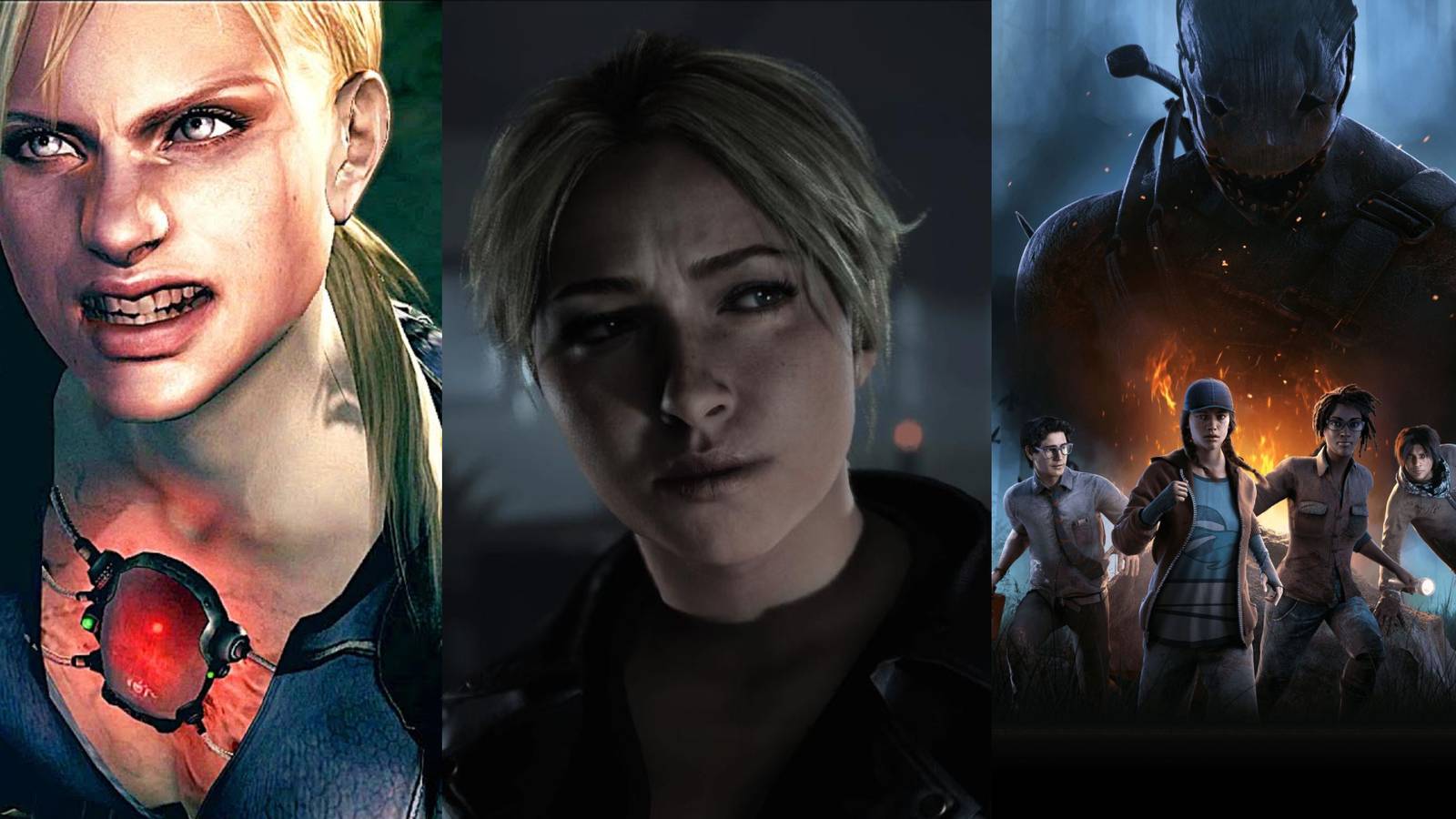 X Best Games To Play With Friends On Halloween split image featuring Resident Evil 5, Until Dawn, and Dead by Daylight