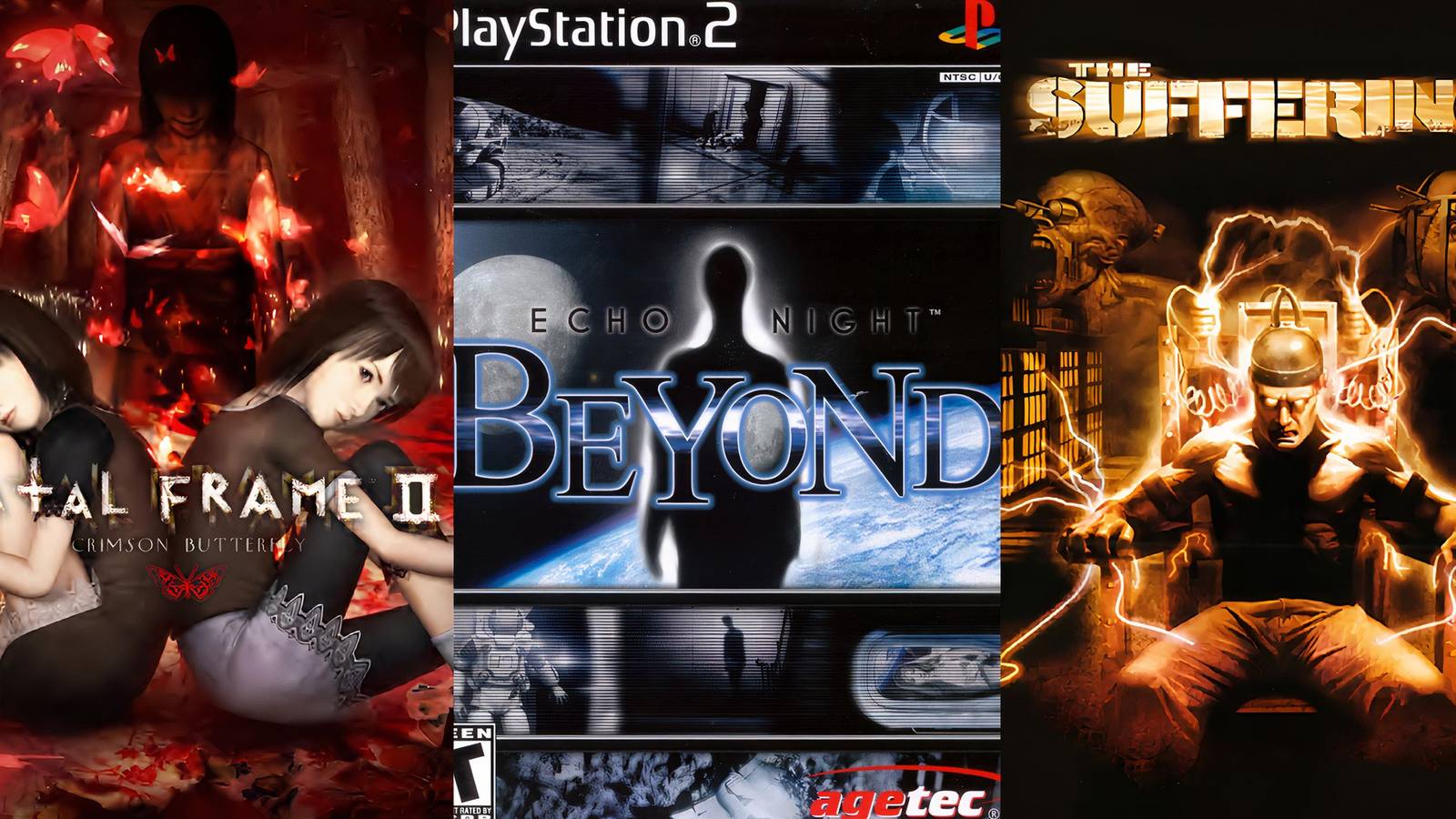 X Best Ghost Games On The PS2 split image featuring game covers of Fatal Frame 2, Echo Night Beyond and The Suffering
