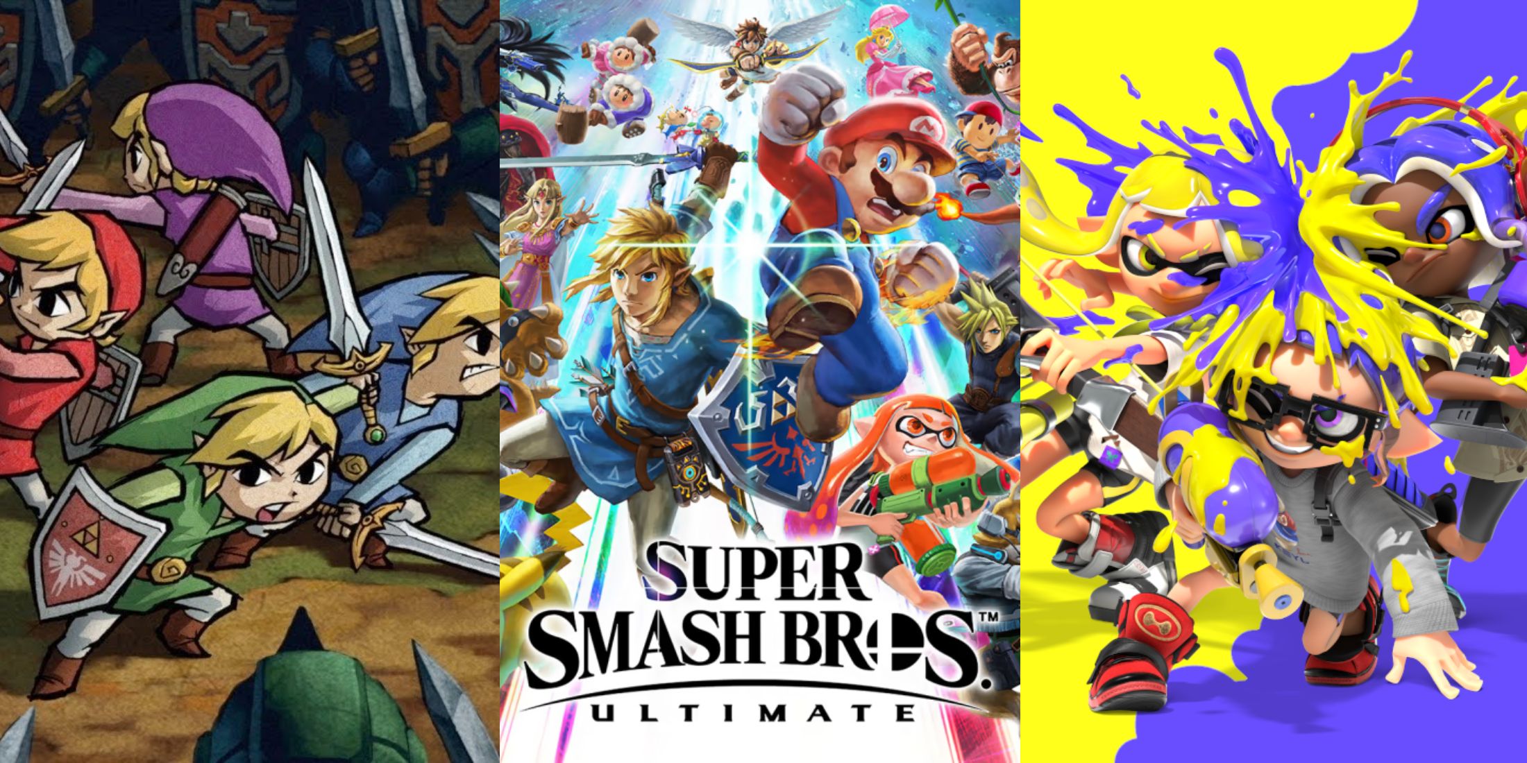 X Best Multiplayer Nintendo Games Of All Time split image featuring four sword, ultimate and splatoon 3