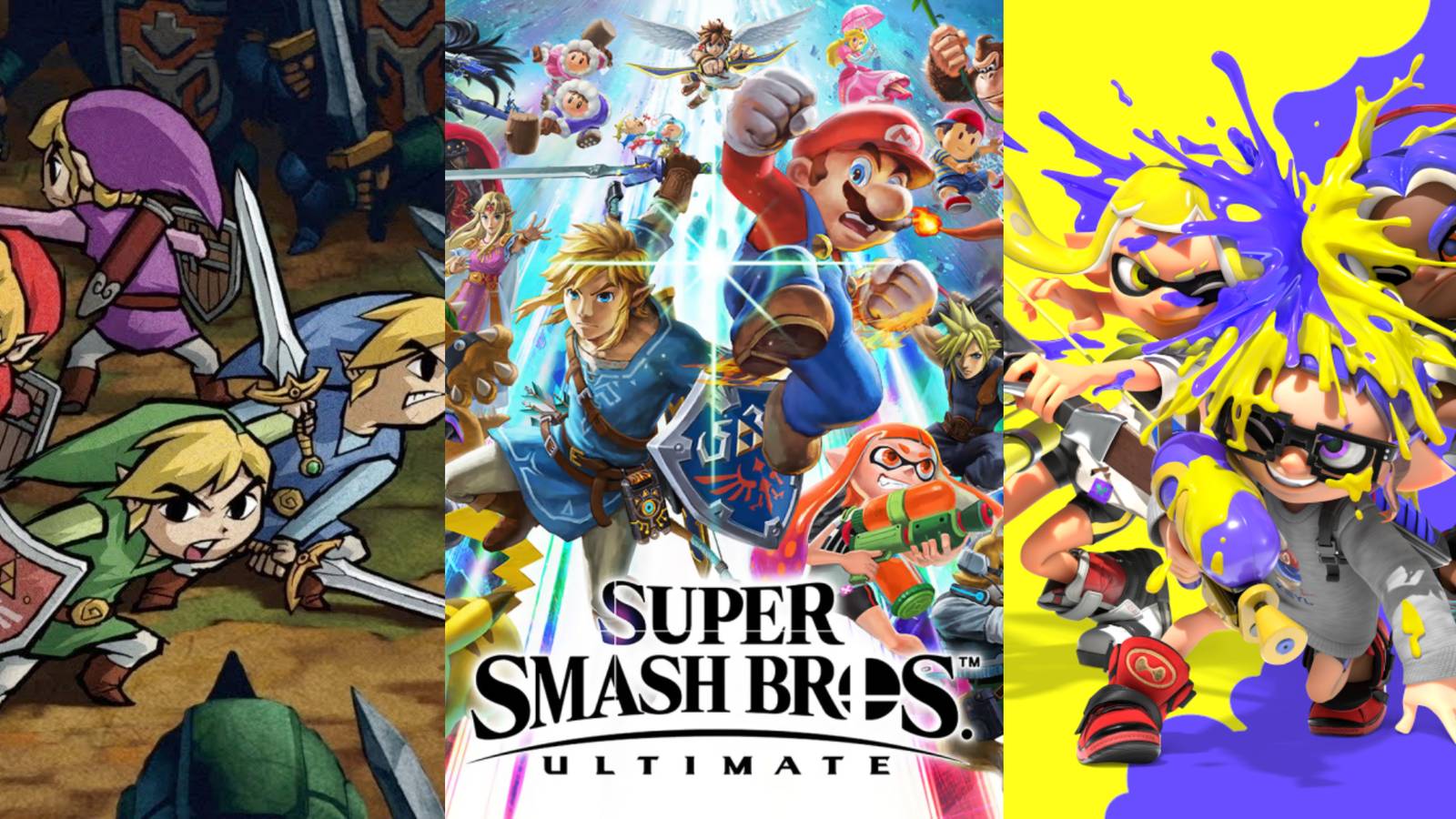 X Best Multiplayer Nintendo Games Of All Time split image featuring four sword, ultimate and splatoon 3