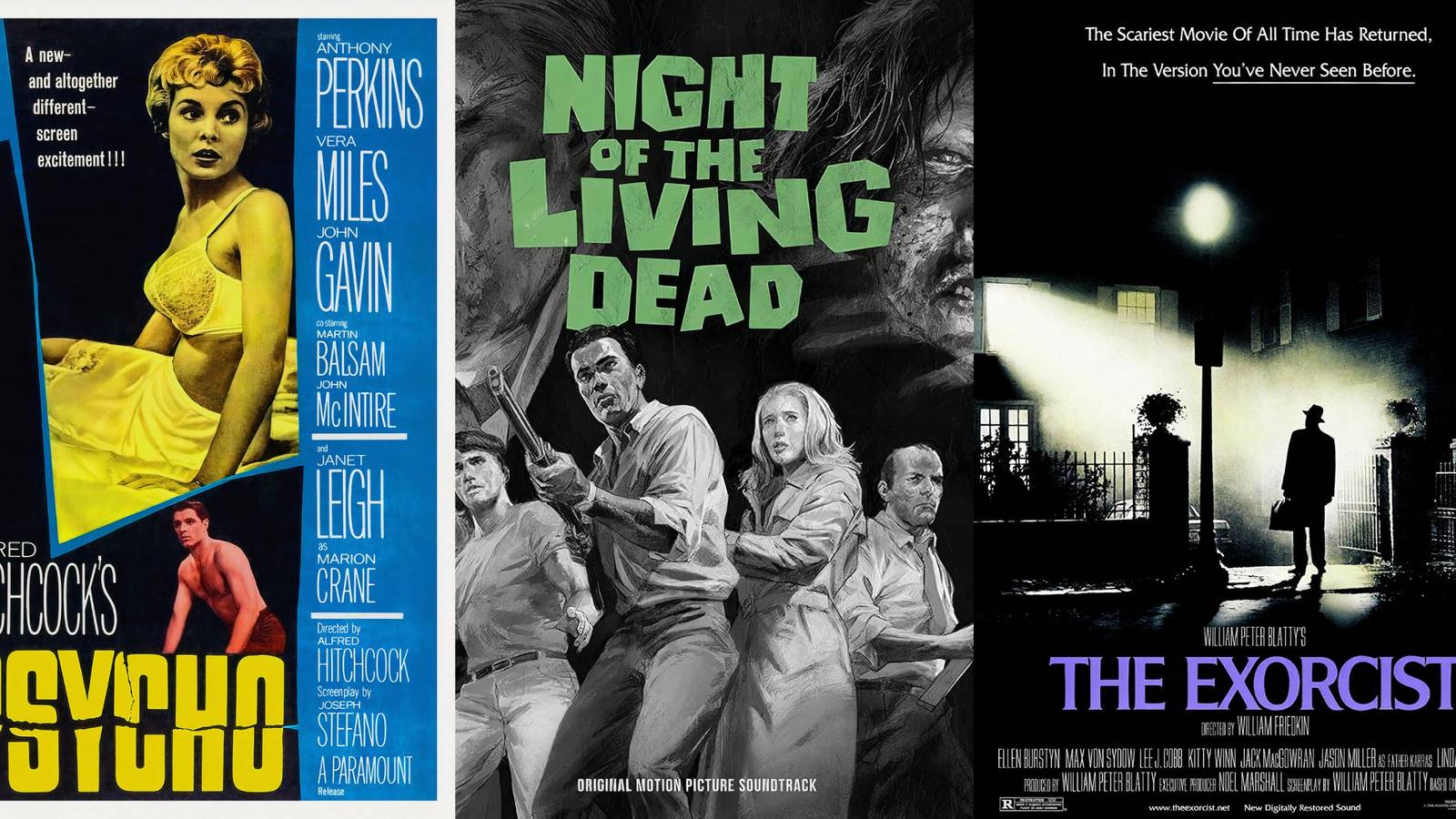 X Most Influential Horror Movies, split image featuring three movie posters Psycho, Night of the Living Dead and The Exorcist