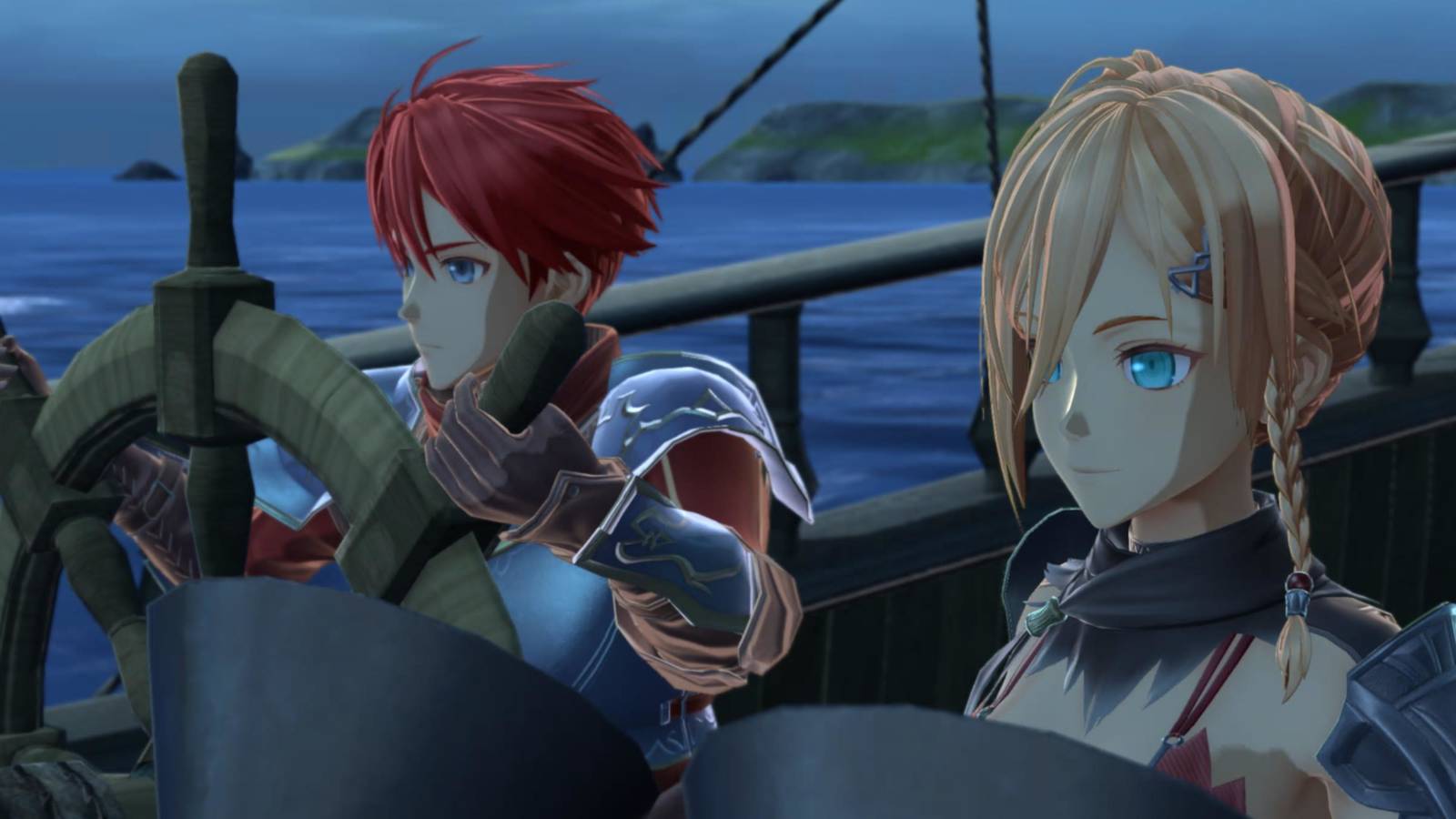 Ys 10 Nordics - Adol and Karja sailing in the Sandras wearing the DLC armor