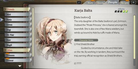 Ys 10 Nordics -  Karja character profile and affinity level