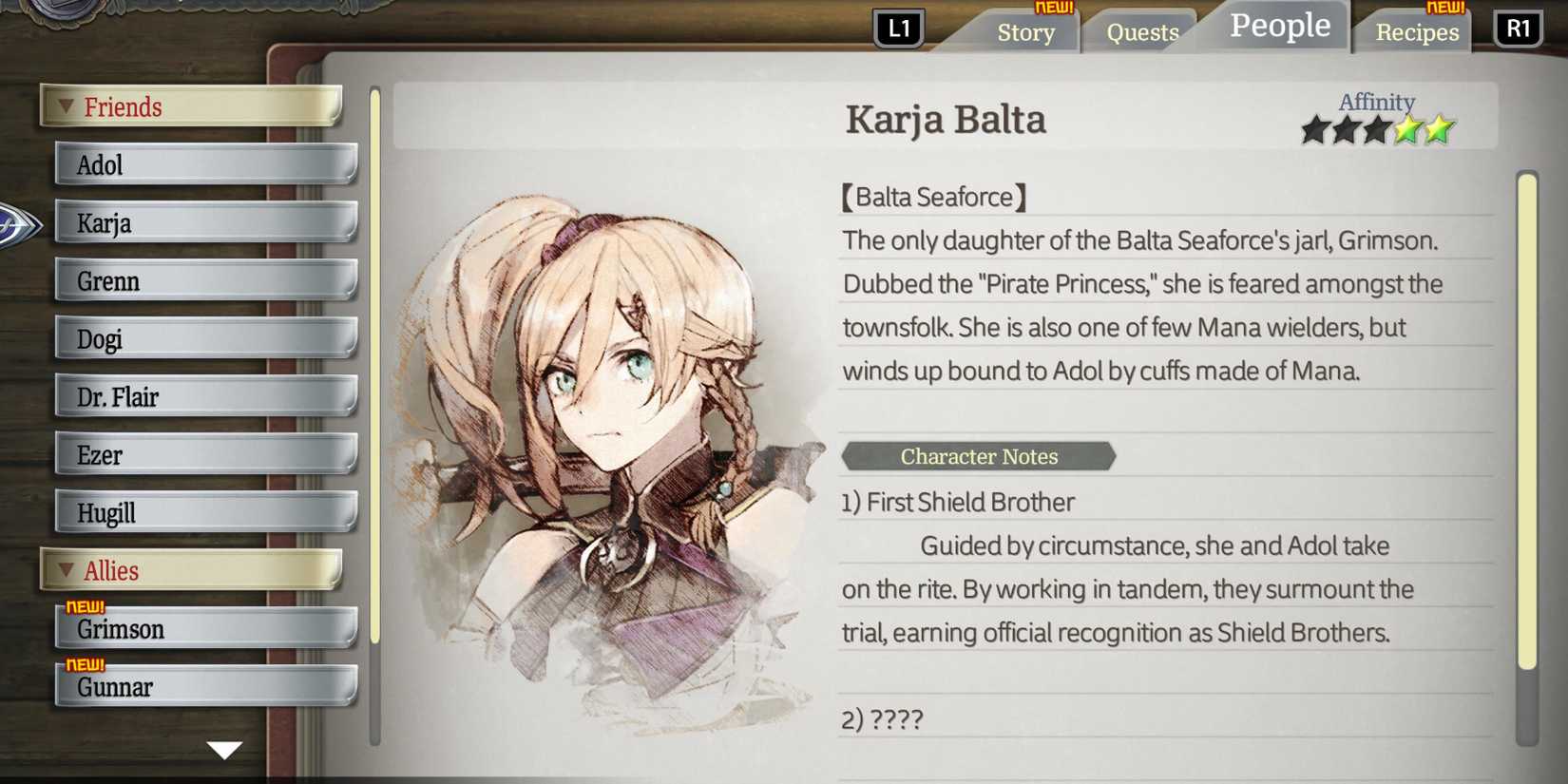 Ys 10 Nordics -  Karja character profile and affinity level