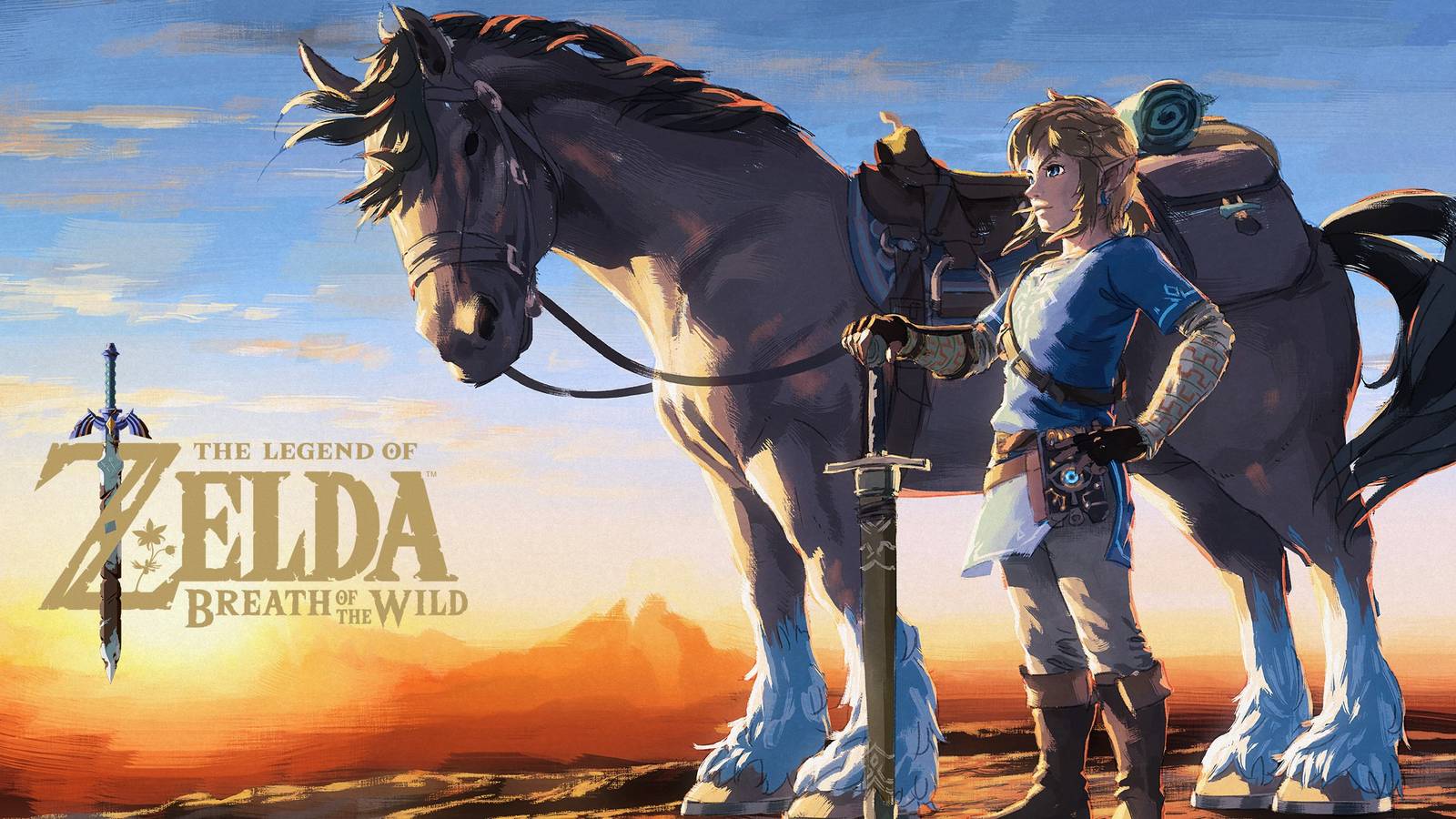 Link standing next to a horse in a Legend of Zelda: Breath of the Wild promotional image.