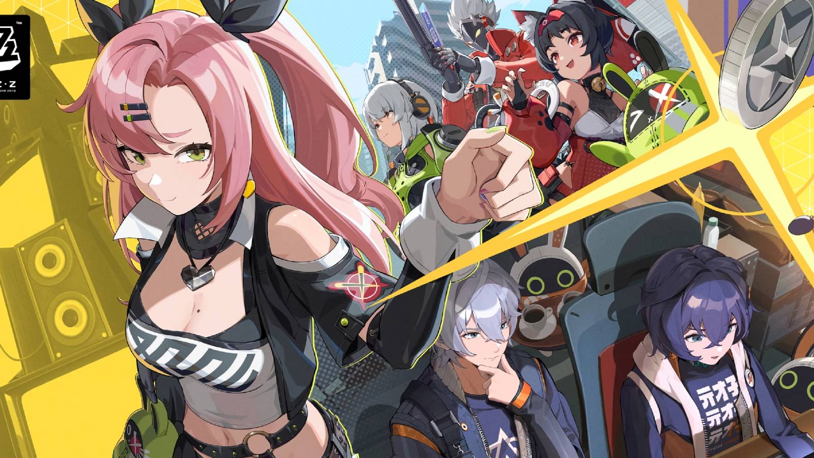 A key visual from Zenless Zone Zero showing the Cunning Hares, Belle, and Wise.