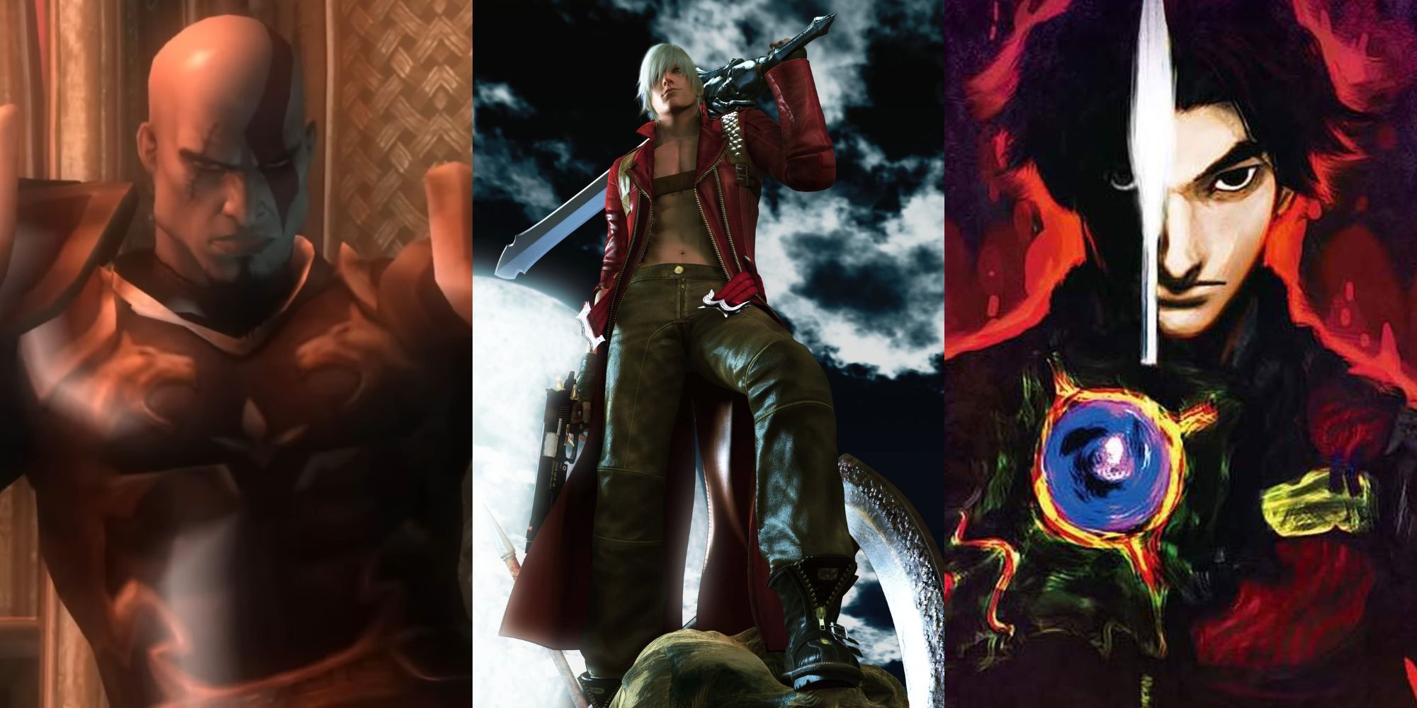 A collage of characters from 3 great PS2 hack-and-slash games: Kratos from God of War 2, Dante from Devil May Cry 3 and Samanosuke Akechi from Onimusha.