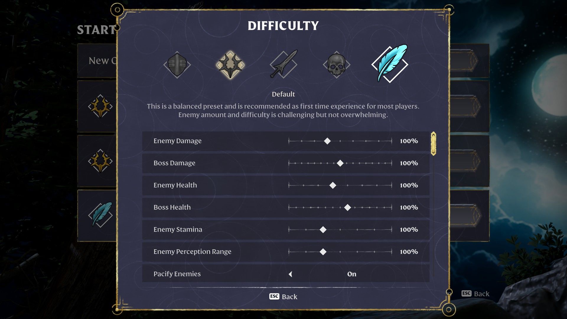 The custom difficulty settings menu in Enshrouded