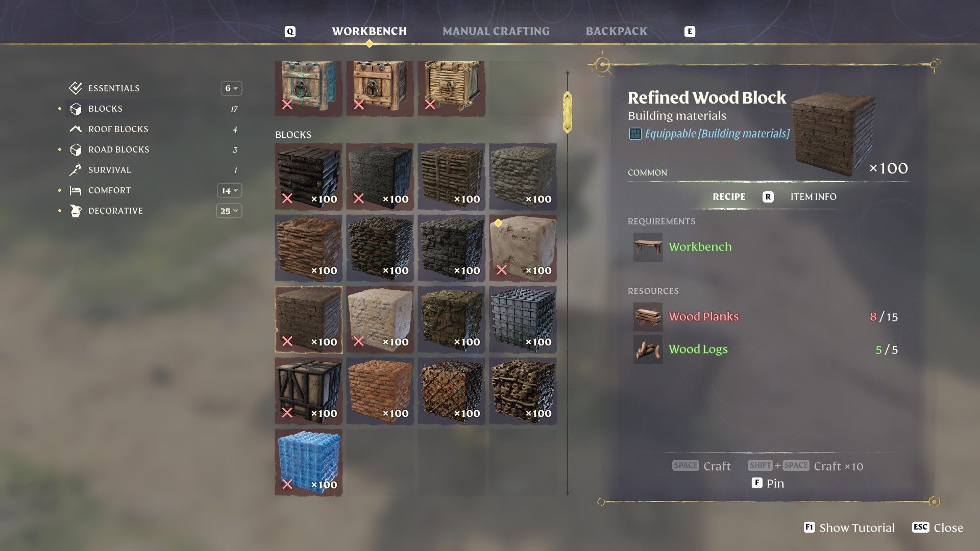 Refined Wood Block crafting screen in Enshrouded