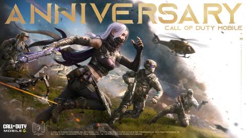 Characters run into battle in promo art for Call of Duty: Mobile's fifth anniversary.